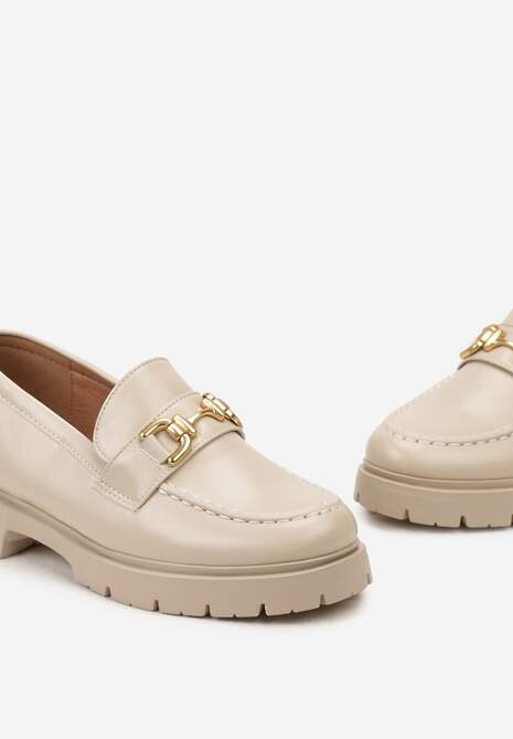 Beżowe Mokasyny na Grubej Podeszwie z Metaliczną Klamrą Faelwena