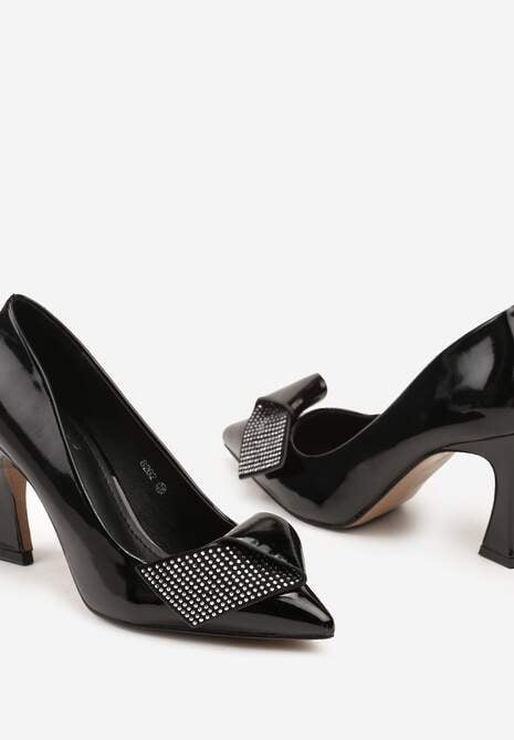 Czarne Czółenka na Obcasie Typu Klepsydra Zdobione Aplikacją z Cyrkoniami Rialese