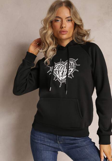 Czarna Klasyczna Bluza z Nadrukiem na Przodzie i Kapturem Inalle