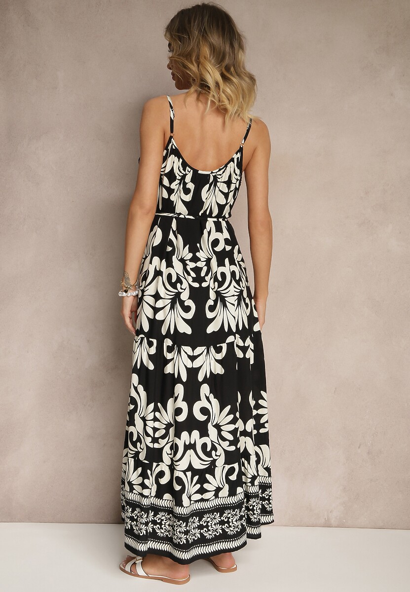 Czarno-Biała Rozkloszowana Sukienka z Wiskozy Zdobiona Broszką i Wiązaniem Marionela