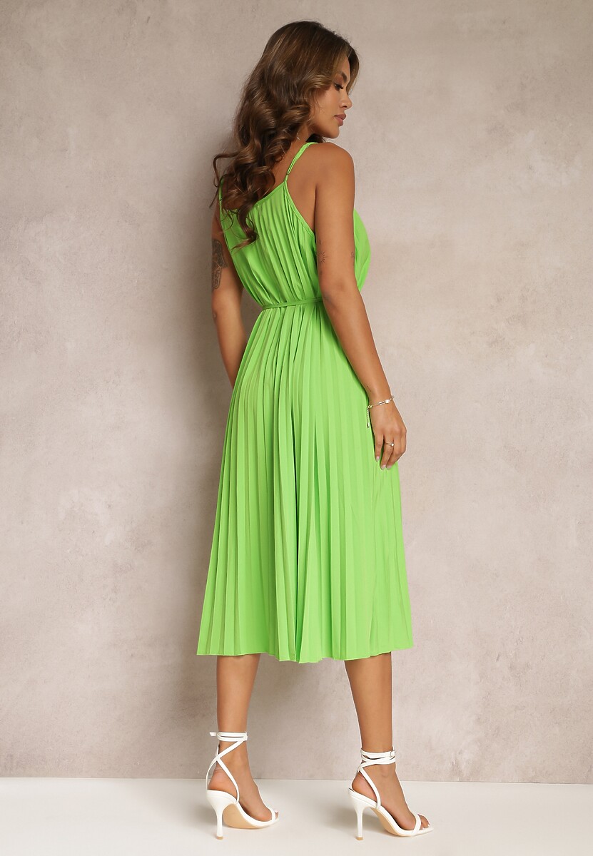 Zielona Letnia Sukienka Ozdobiona Plisowaniem i Wiązaniem w Pasie Aziel