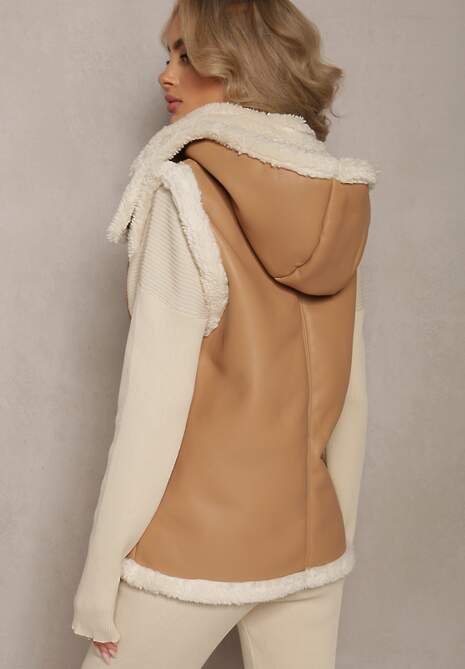 Jasnobrązowa Kamizelka Bezrękawnik z Imitacji Skóry z Futerkiem Irisse