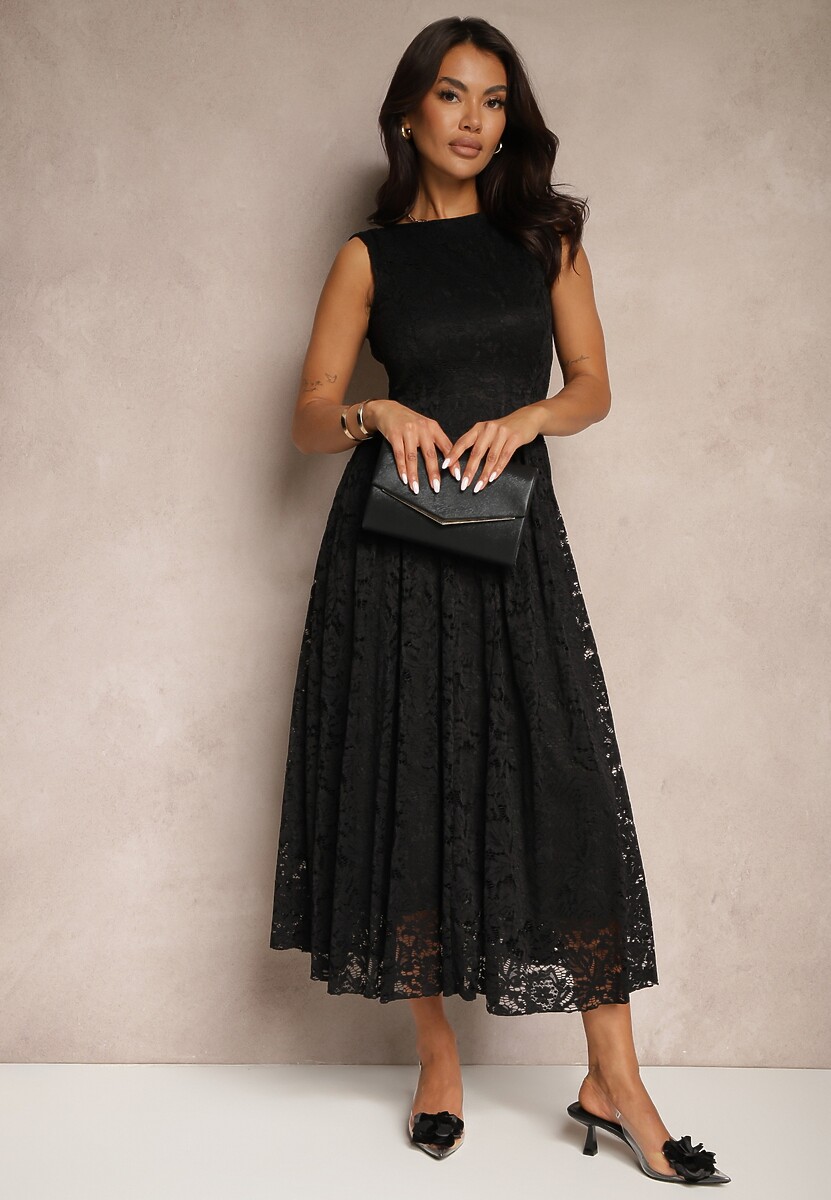 Czarna Rozkloszowana Sukienka z Koronki z Wycięciem na Plecach Meltewia