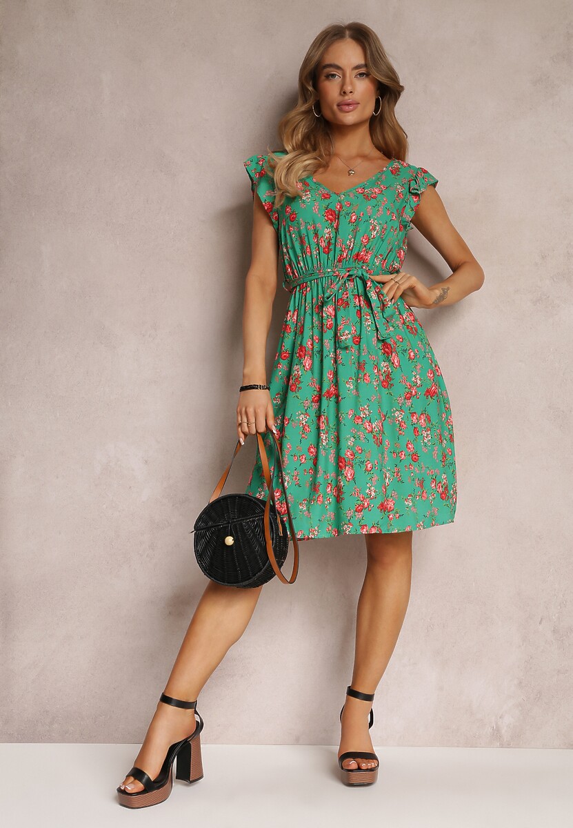 Zielona Sukienka Mini z Wiskozy z Gumką w Talii Farlock