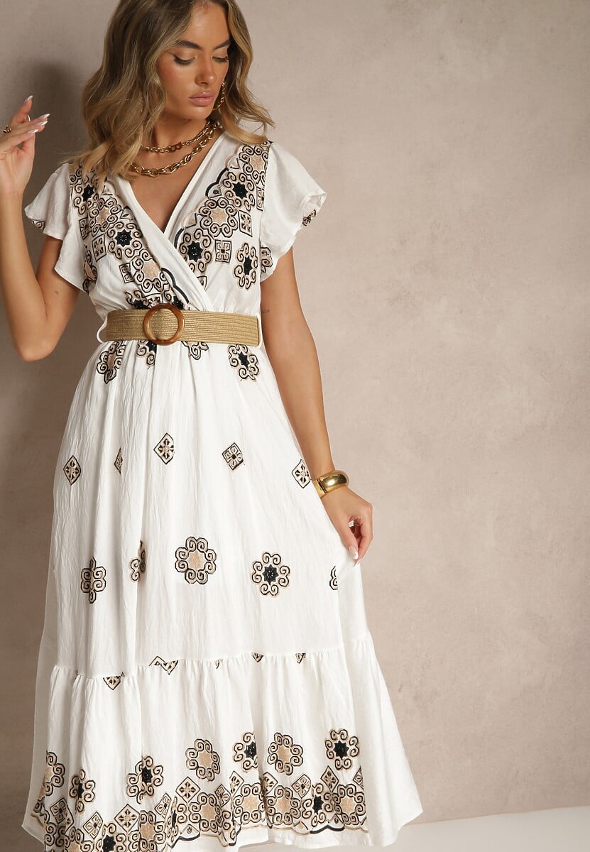 Biało-Czarna Sukienka z Wiskozy Ozdobiona Paskiem i Haftem Nilorelle