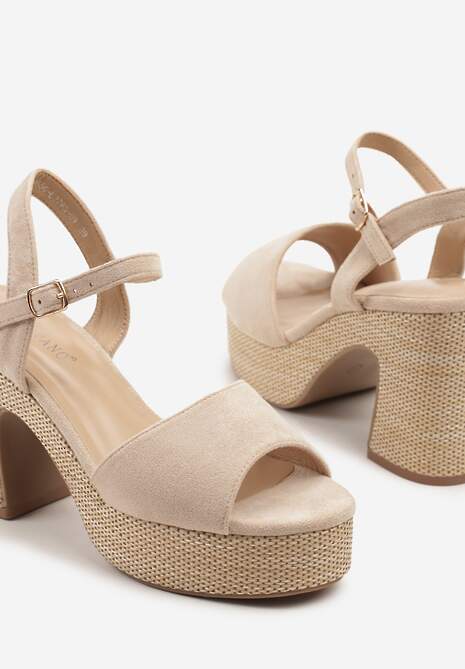 Beżowe Sandały na Słupku z Platformą z Motywem Plecionki Sorliza