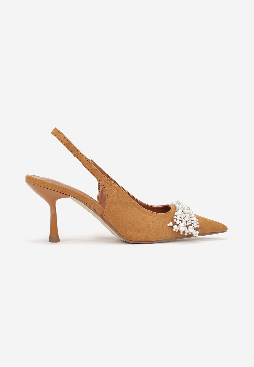 Brązowe Sandały na Szpilce ze Szpiczastym Noskiem i Perłami Capitolina
