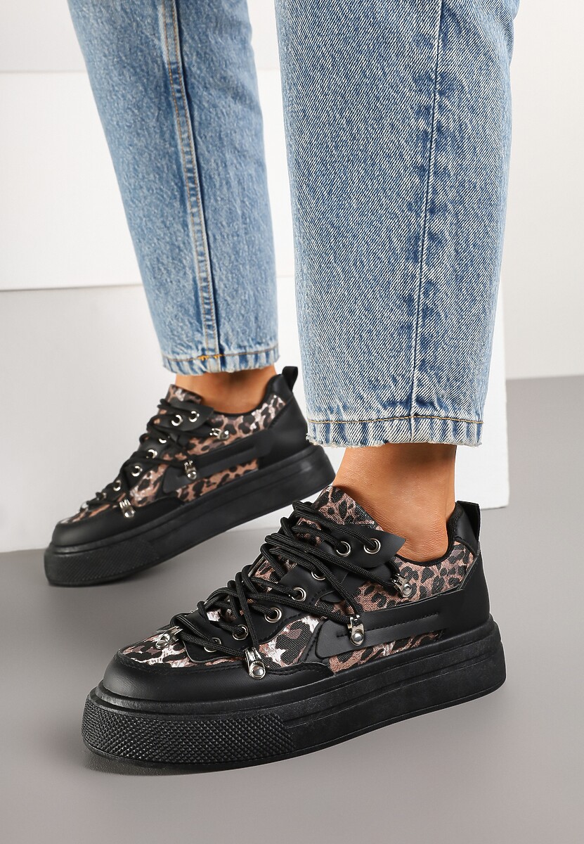 Czarne Sneakersy ze Wzorem w Panterkę Doridi