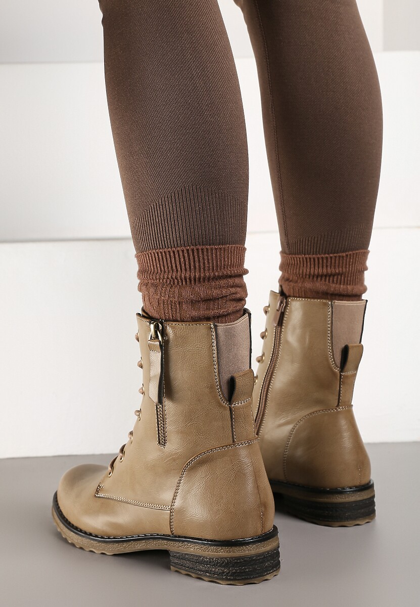 Ciemnobeżowe Sznurowane Botki Workery na Płaskiej Podeszwie Ozdobione Suwakiem Tarinda