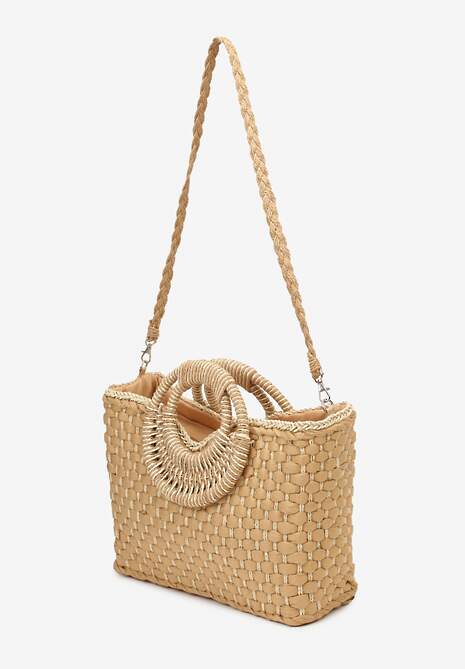 Beżowa Jednokomorowa Torebka na Ramię z Plecionki z Dodatkowym Paskiem Wezen