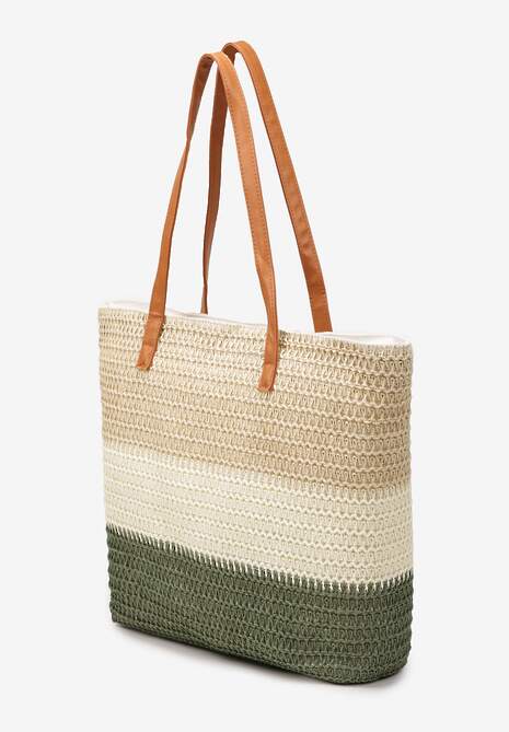 Beżowo-Zielona Jednokomorowa Torebka Tote Ozdobiona Plecionką Elwing