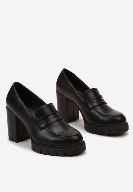 Czarne Półbuty z Imitacji Skóry na Słupku z Platformą z Okrągłym Noskiem i Przeszyciami Dravinnia