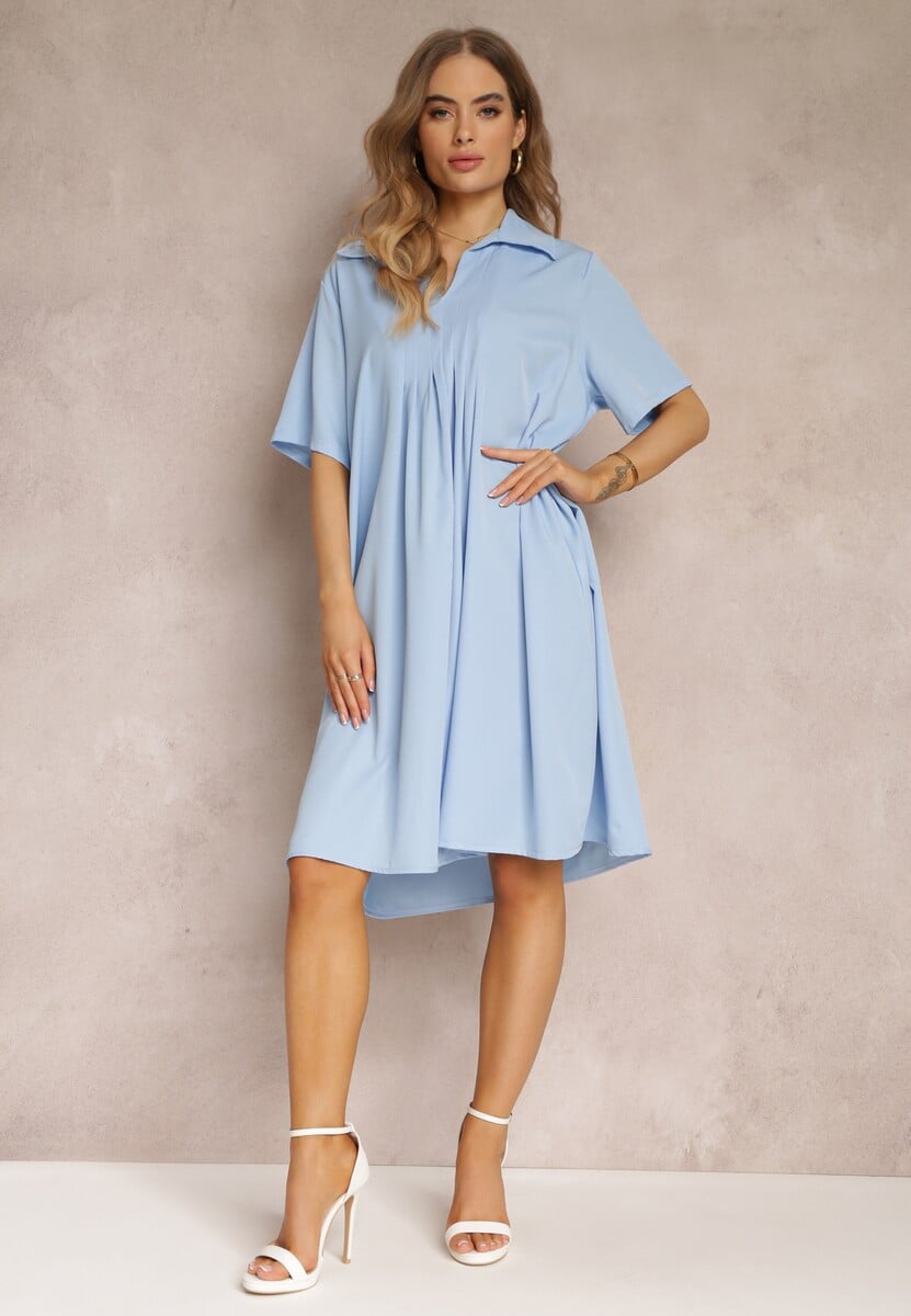 Niebieska Zwiewna Sukienka Rozkloszowana z Kołnierzykiem i Zakładkami Pedrisa