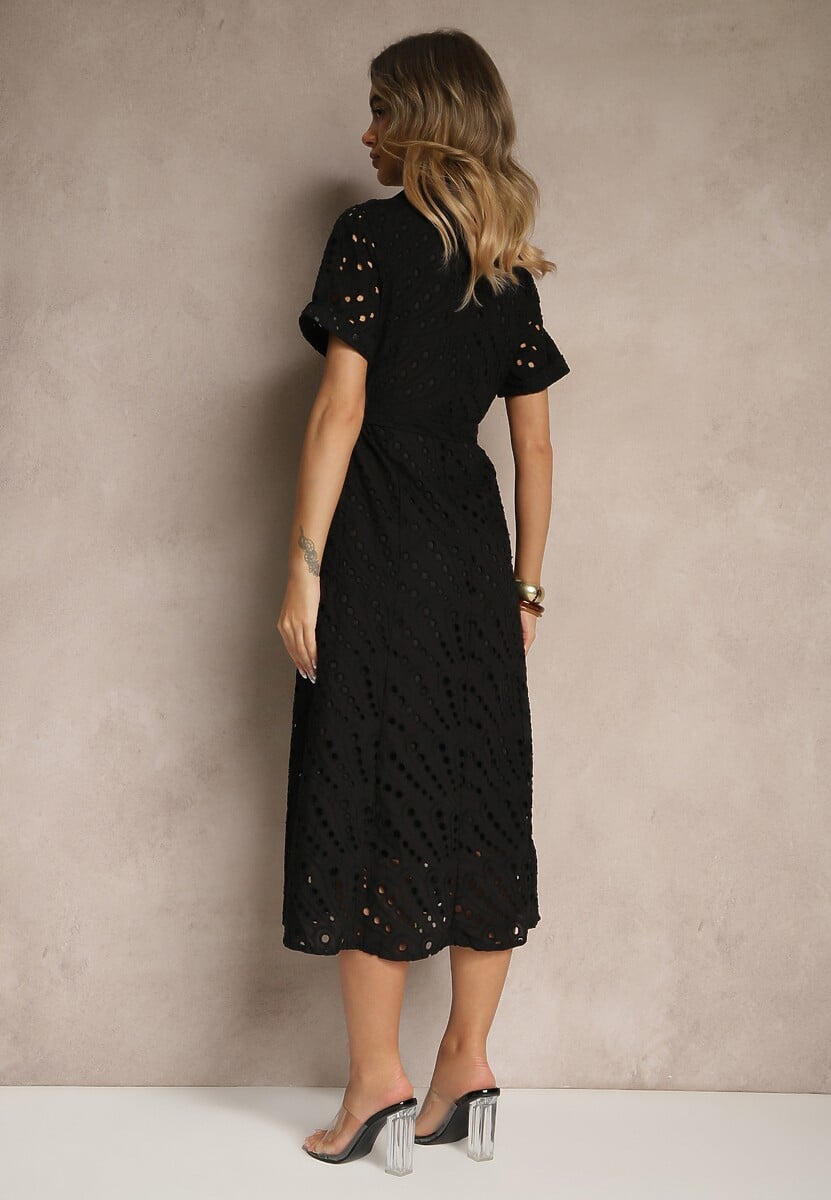 Czarna Ażurowa Sukienka Koszulowa Ozdobiona Paskiem Rinailia