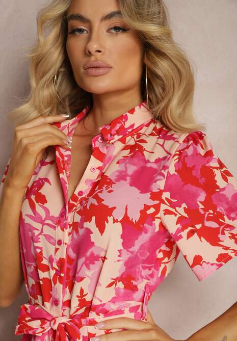 Czerwono-Różowa Koszulowa Sukienka w Kwiaty z Krótkim Rękawem i Materiałowym Paskiem Moahia