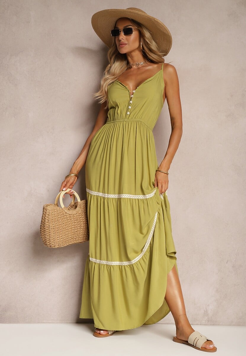 Jasnoniebieska Sukienka Zapinana na Guziki na Ramiączkach z Gumką w Talii i Falbanką Tiamalia