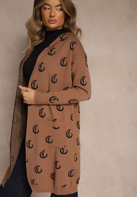 Brązowy Kardigan z Kapturem Ozdobiony Geometrycznym Motywem Ralanessa