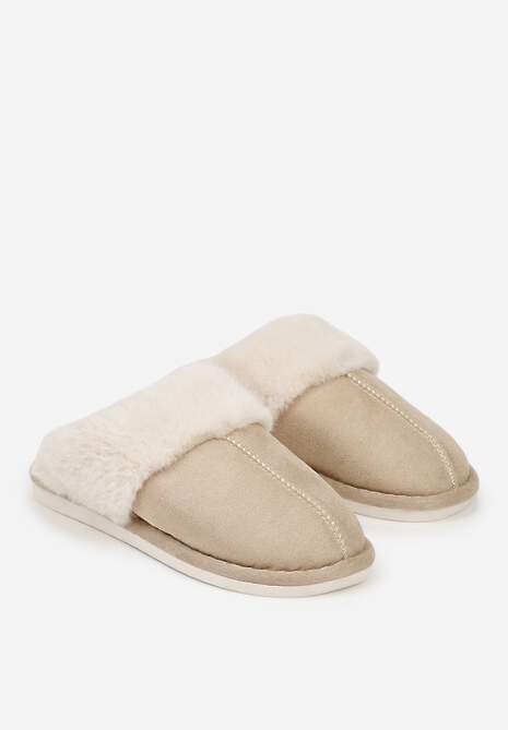 Ciemnobeżowe Wsuwane Kapcie Ozdobione Futerkiem i Przeszyciami Almane