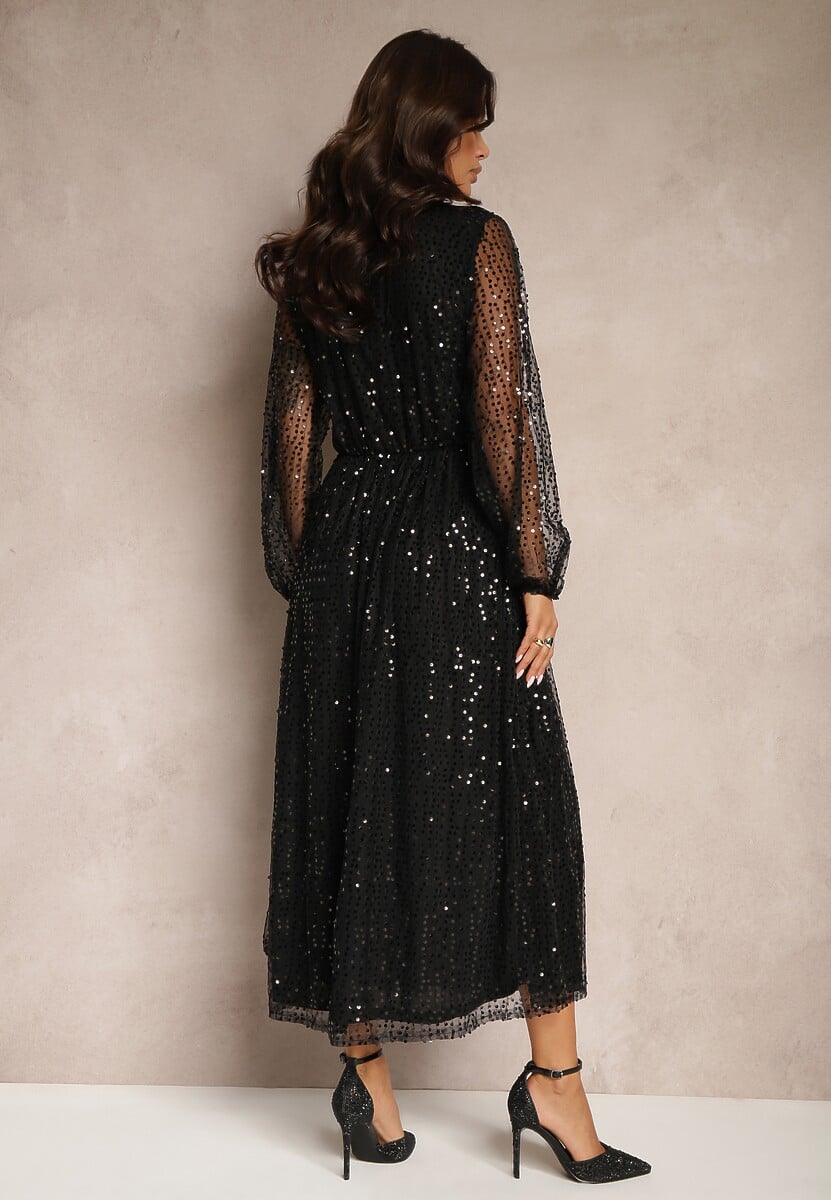 Czarna Cekinowa Sukienka Kopertowa z Siateczki o Rozkloszowanym Kroju Bonissa