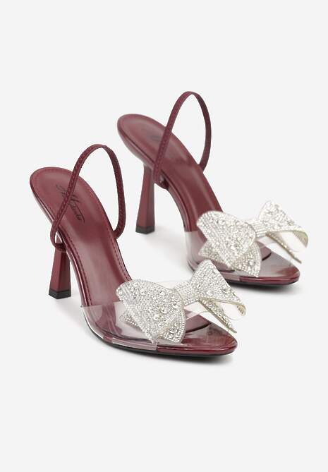 Bordowe Transparentne Sandały na Klepsydrowej Szpilce z Kokardą i Cyrkoniami Feralia