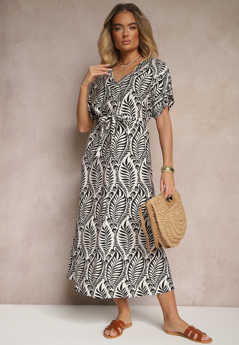 Czarna Sukienka z Wiskozy Ozdobiona Paskiem i Motywem Liści Belozi