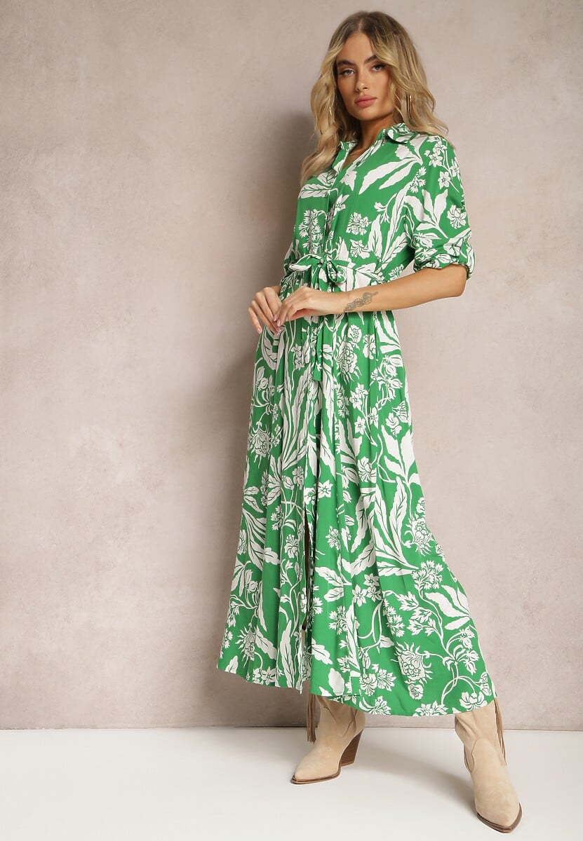 Zielono-Biała Sukienka o Długim Koszulowym Fasonie z Wzorem w Kwiaty Seraplle