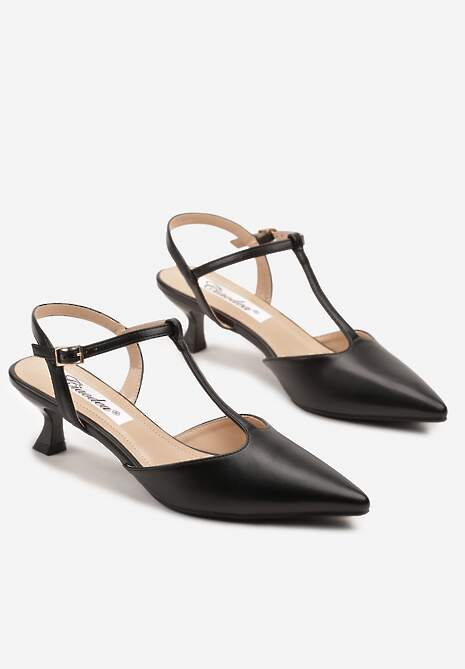 Czarne Czółenka na Obcasie Kaczuszce Ozdobione Paskami Peselle