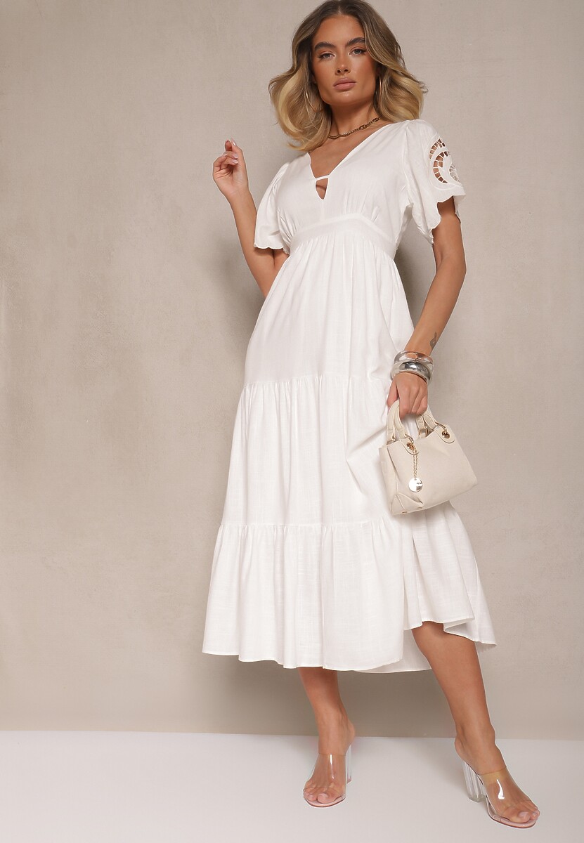 Biała Rozkloszowana Sukienka z Lnu i Wiskozy Zdobiona Wiązaniem i Haftem Avelzeri