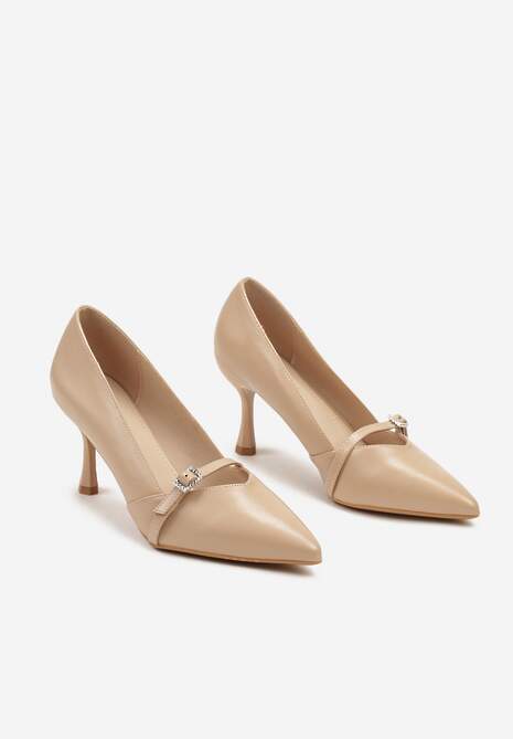 Beżowe Eleganckie Czółenka Wykończone z Przodu Klamerką i Paskiem Elivaya
