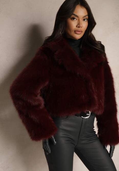 Bordowa Krótka Kurtka z Futerkiem Zdobiona Szerokim Kołnierzem Tormia