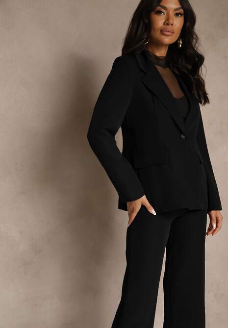 Czarny Komplet Garniturowy z Wiskozą Spodnie Wide Leg i Marynarka na Guzik Tevrina