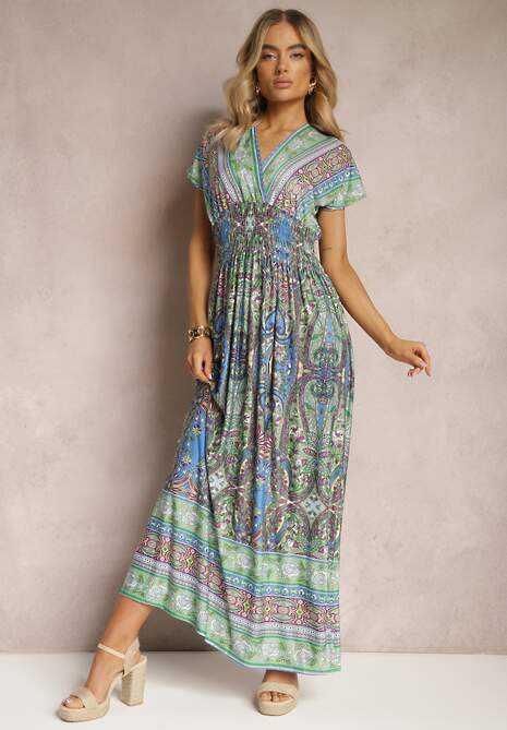 Jasnozielona Długa Sukienka z Wiskozy w Print Paisley o Kopertowym Dekolcie Dircsa