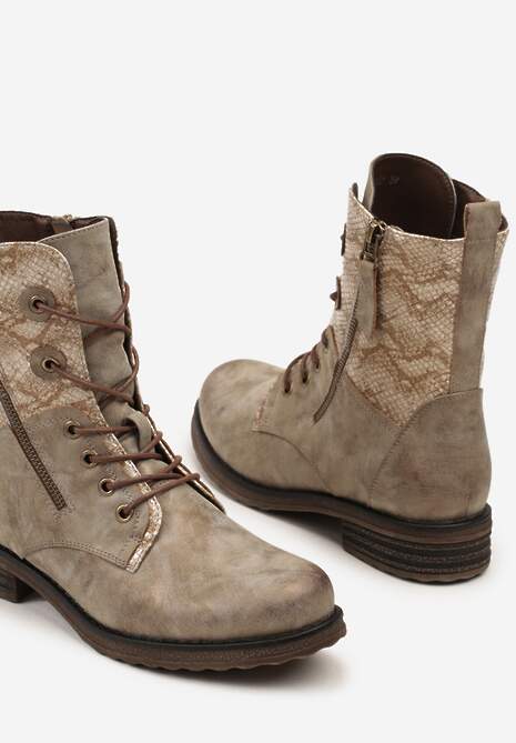 Ciemnobeżowe Botki w Stylu Workerów z Ozdobnym Suwakiem i Wężową Wstawką Vemalora