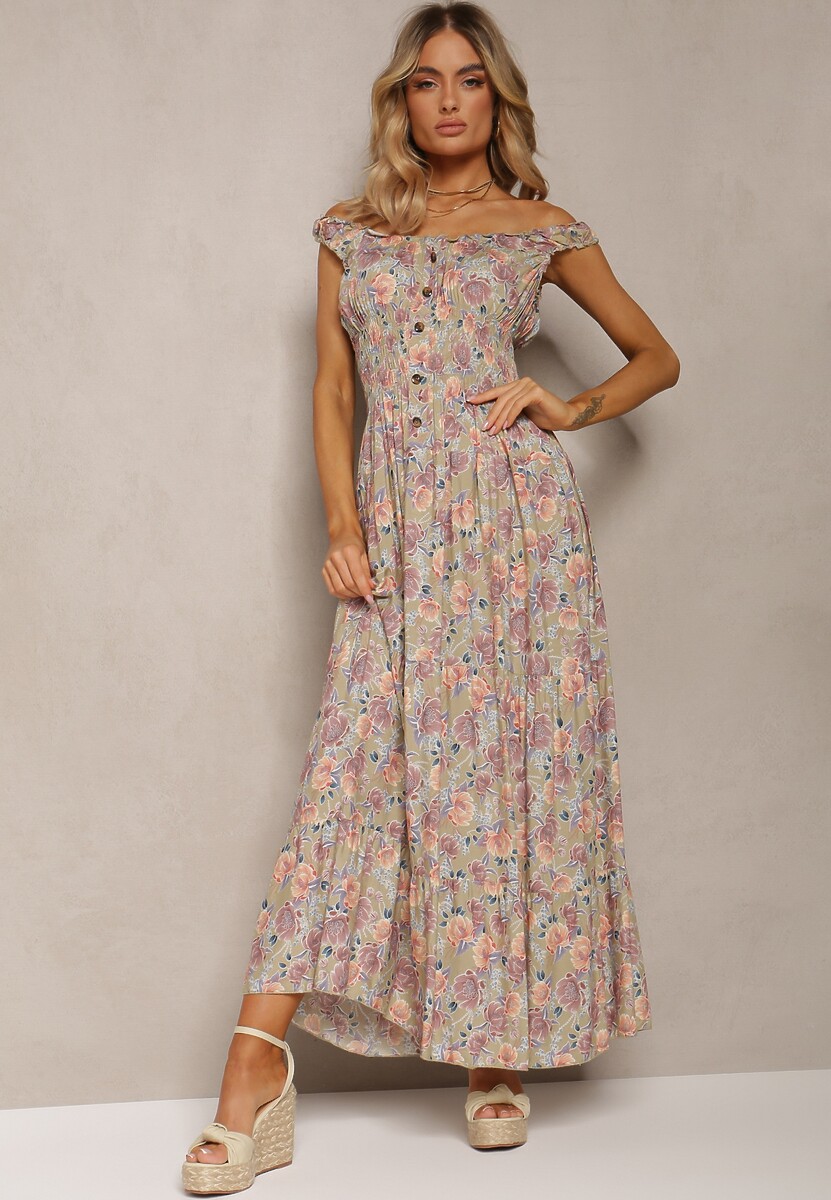 Jasnozielona Kwiecista Sukienka Rozkloszowana z Bawełny na Ramiączkach Kalassia