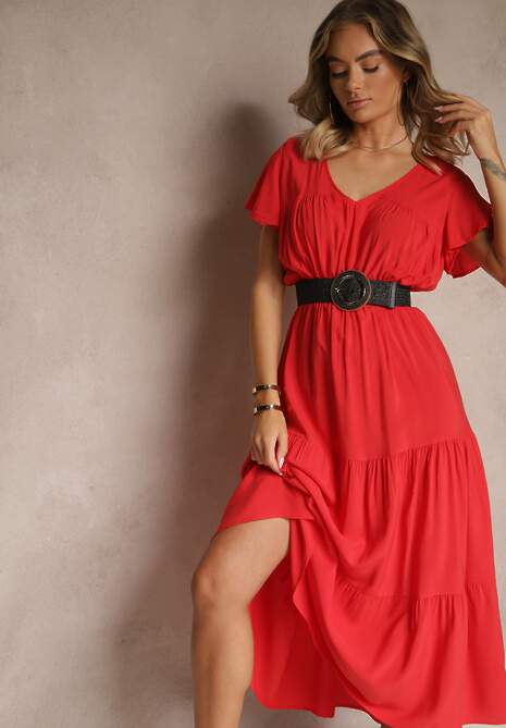 Czerwona Sukienka z Wiskozy o Rozkloszowanym Kroju z Falbanami Jonmy