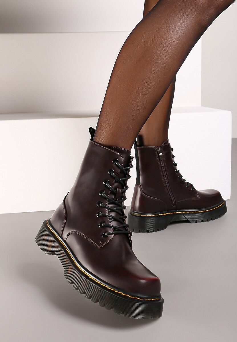 Bordowe Sznurowane Ocieplone Botki na Platformie w Stylu Workerów Crecca