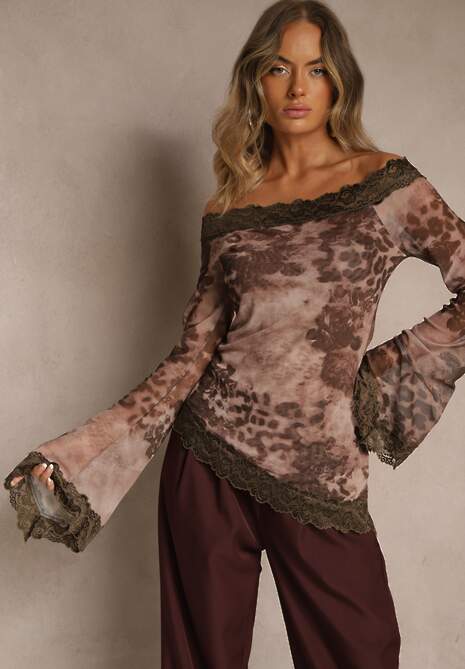 Brązowa Bluzka Siateczkowa Typu Hiszpanka z Bawełną i Wiskozą  z Koronką Nurriva