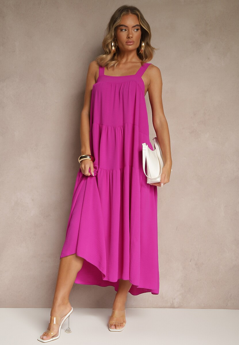 Fioletowa Rozkloszowana Sukienka Ozdobiona Wiązaniem na Plecach Saviande