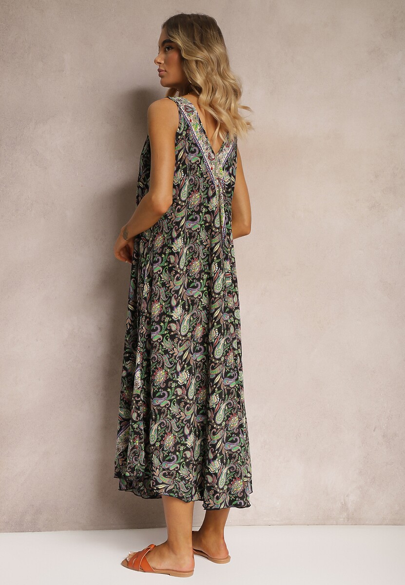 Czarno-Zielona Sukienka z Wiskozy o Rozkloszowanym Kroju Bez Rękawów Fradea