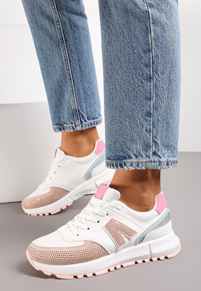 Biało-Beżowe Sneakersy Ozdobione Cyrkoniami na Podeszwie z Wycięciami Larzive