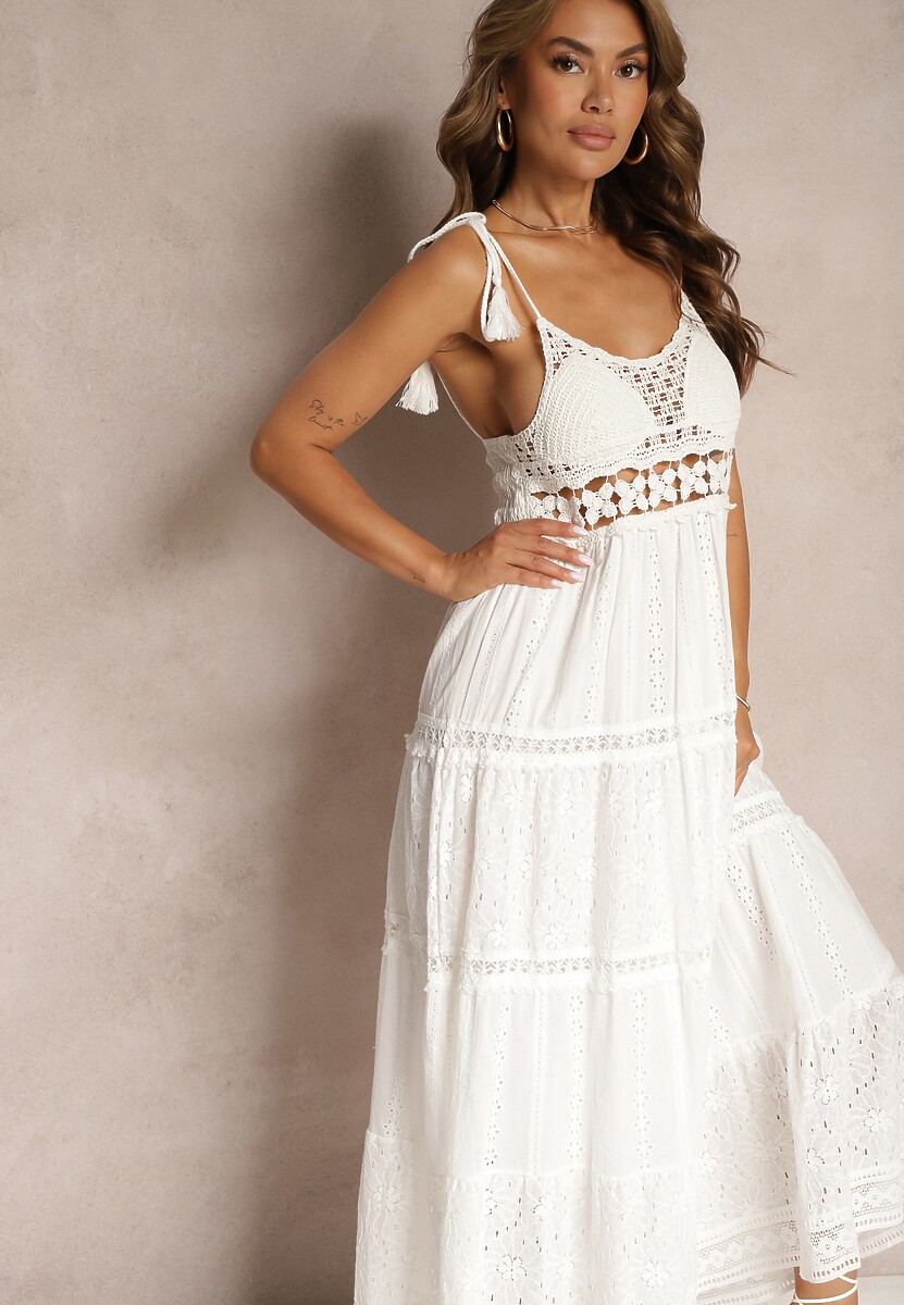 Beżowa Szydełkowa Sukienka Maxi z Ozdobnym Haftem i Falbanką Eshade