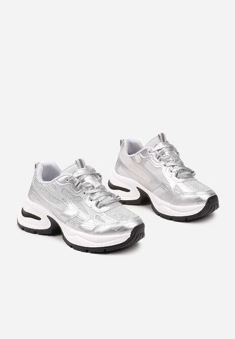 Srebrne Brokatowe Sneakersy w Streetwearowym Stylu na Piankowej Podeszwie Felindris