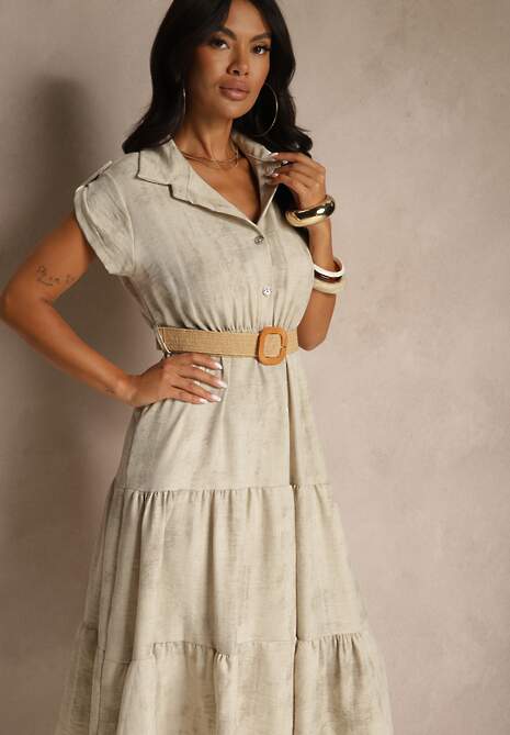 Jasnobeżowa Sukienka z Guzikami i Paskiem z Plecionki Fillona