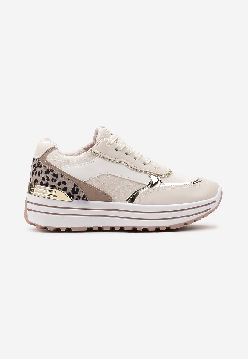 Beżowe Sneakersy na Wysokiej Podeszwie z Błyszczącymi Wstawkami Lovana