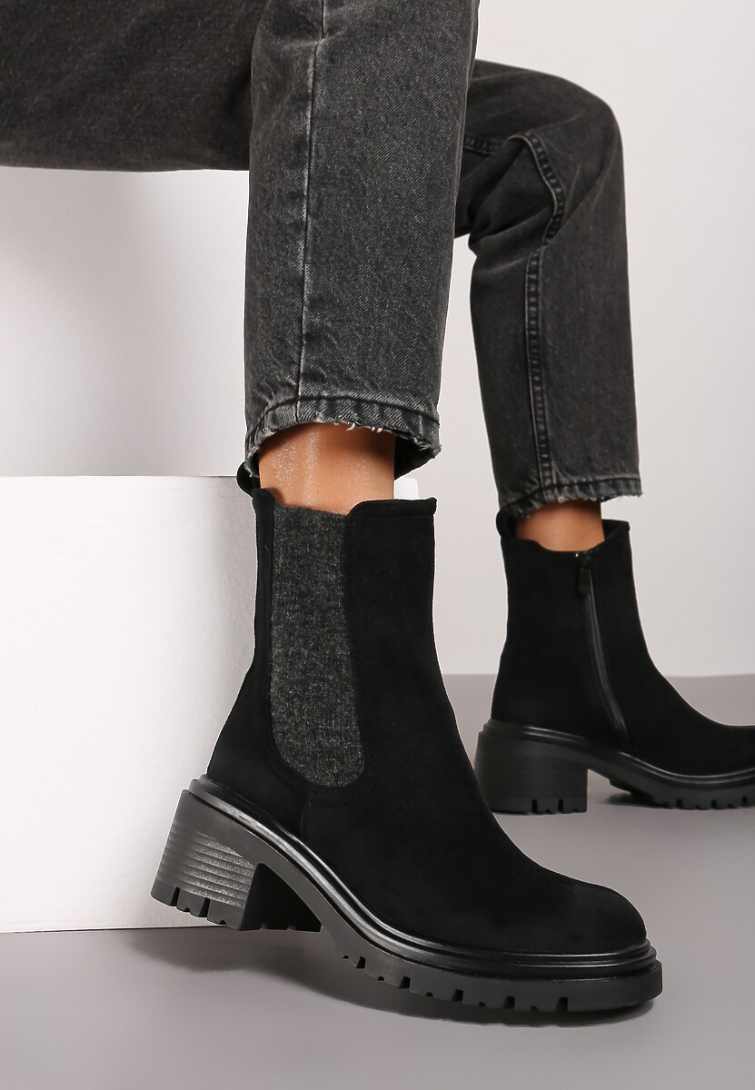 Ciemnobeżowe Botki na Słupku w Stylu Sztybletów z Elastyczną Gumką Ciandra