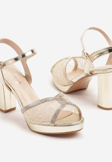 Złote Transparentne Sandały na Słupkowym Obcasie Zdobione Brokatem Valdiva