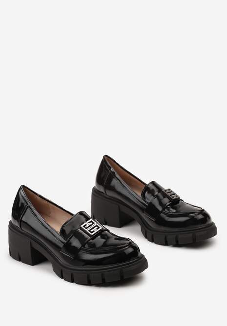 Czarne Lakierowane Mokasyny w Stylu Chunky z Geometryczną Klamerką Lusora