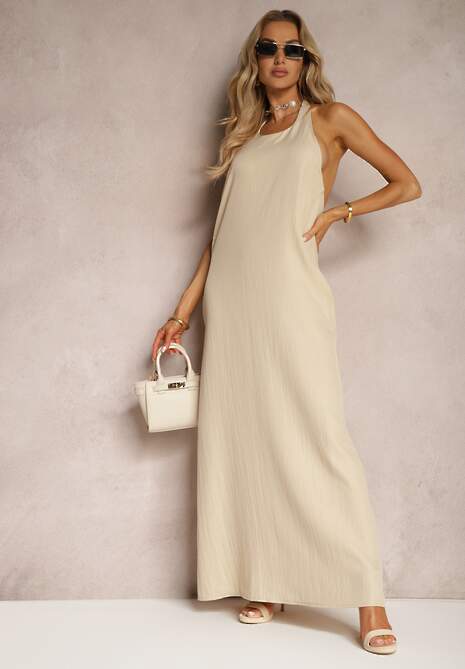 Beżowa Sukienka Trapezowa z Kieszeniami i Wiązaniem na Szyi Nestaulia