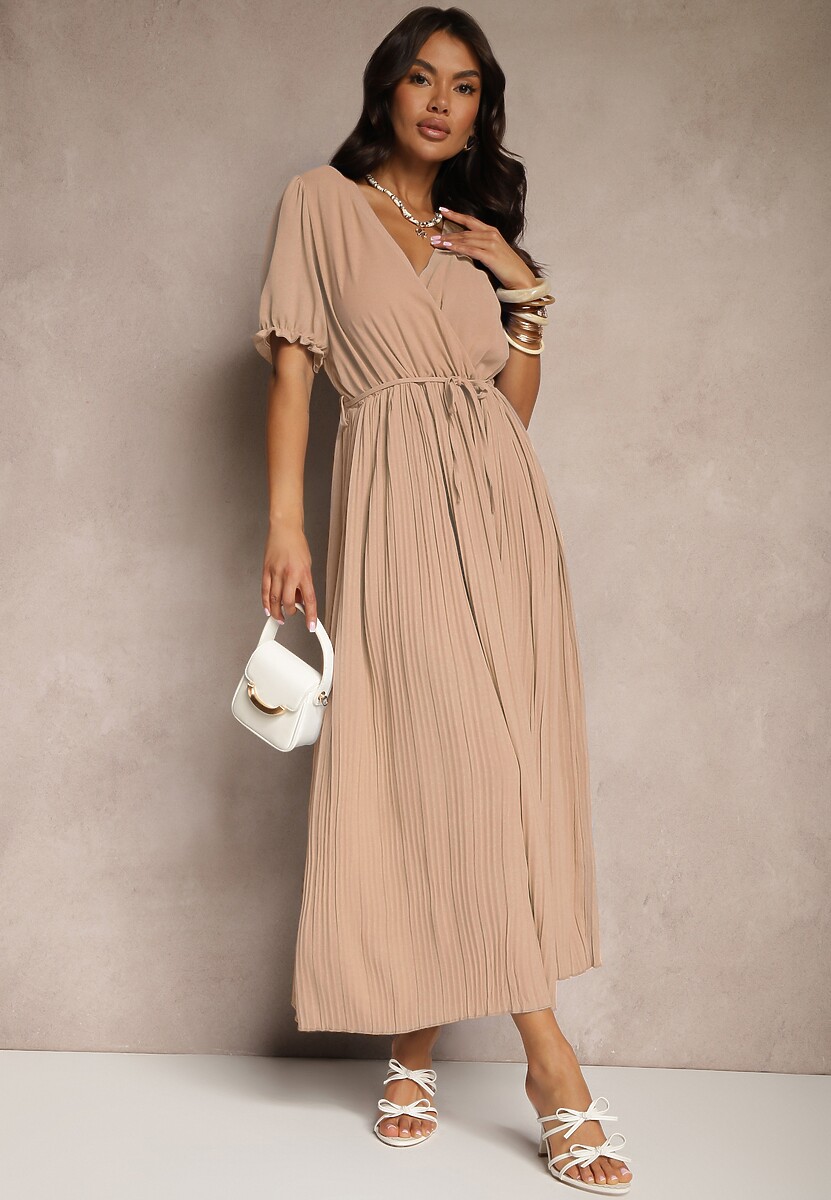 Beżowa Sukienka z Bawełną Ozdobiona Kopertowym Dekoltem i Paskiem Grellevia