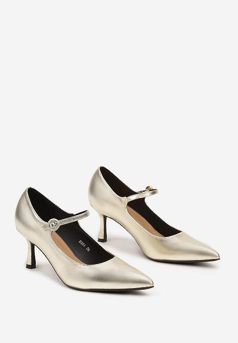 Złote Czółenka na Obcasie Kaczuszka ze Szpiczastym Noskiem i Ozdobnym Paseczkiem Dailithe